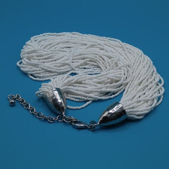 Chico's White Seed Bead Necklace, 30 Strands, Hammered Silver End Caps, 26 Inch - Picture 9 of 12